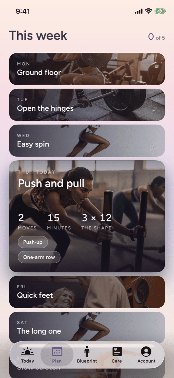 A week of care in the Alodaptive app, named day by day, with today's session open in the middle of it